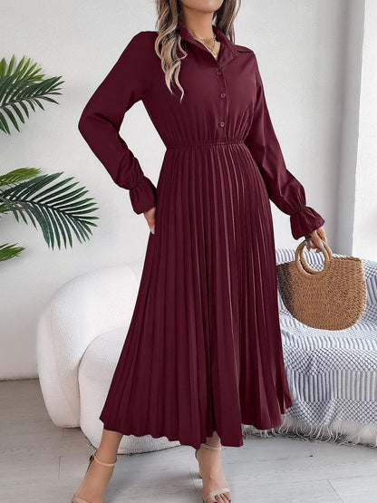 Pleated Half Button Long Sleeve Midi Dress - Blu Lotus Boutique