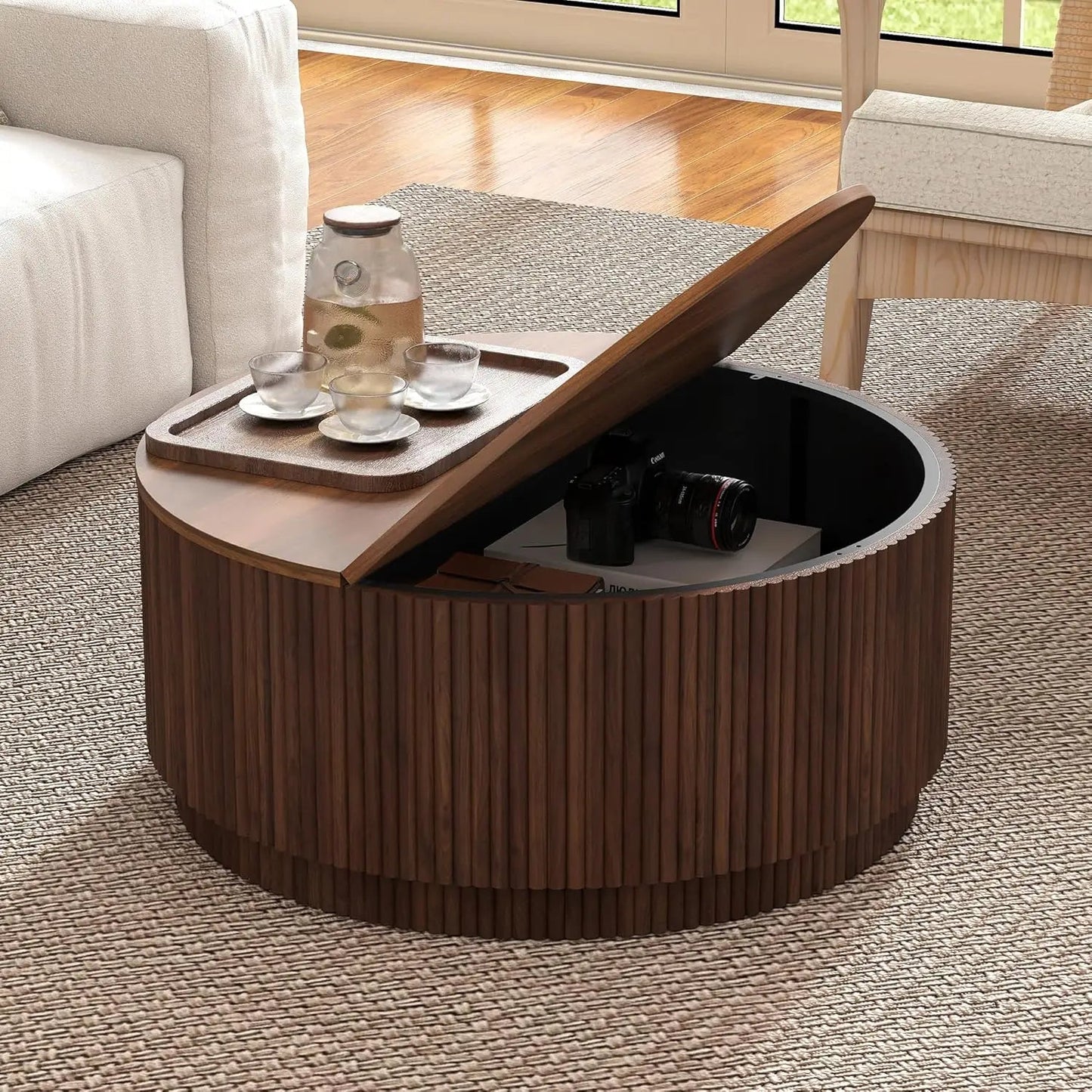 33" Round Coffee Table with Lift - Top & Flip - Top Storage, Modern Accent Fluted Coffee Tables with Metal Frame, Wooden Circle Cent - Blu Lotus Boutique