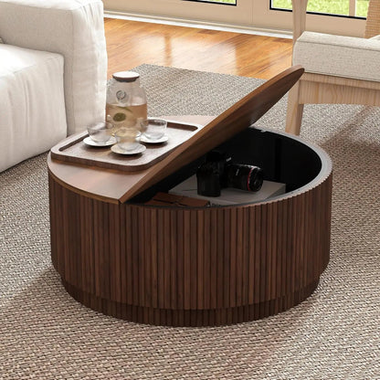 33" Round Coffee Table with Lift - Top & Flip - Top Storage, Modern Accent Fluted Coffee Tables with Metal Frame, Wooden Circle Cent - Blu Lotus Boutique