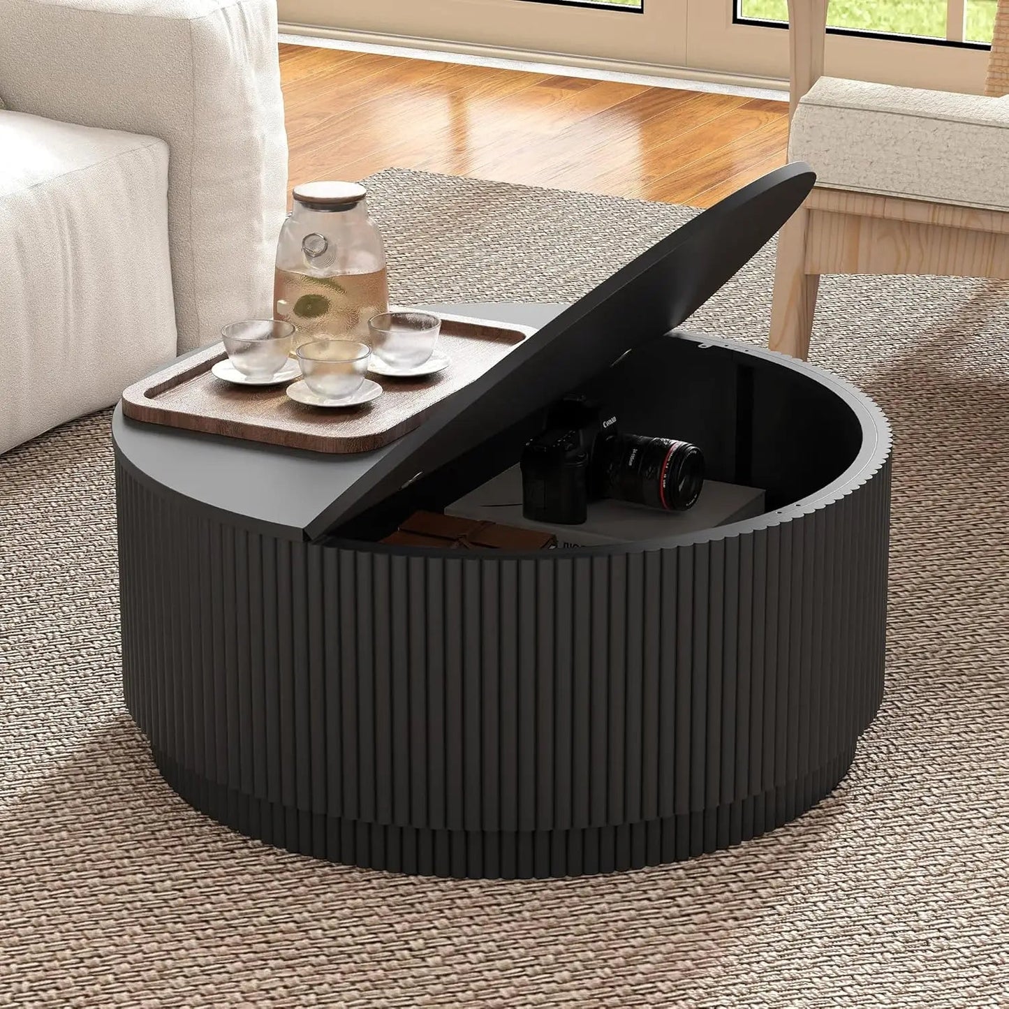 33" Round Coffee Table with Lift - Top & Flip - Top Storage, Modern Accent Fluted Coffee Tables with Metal Frame, Wooden Circle Cent - Blu Lotus Boutique