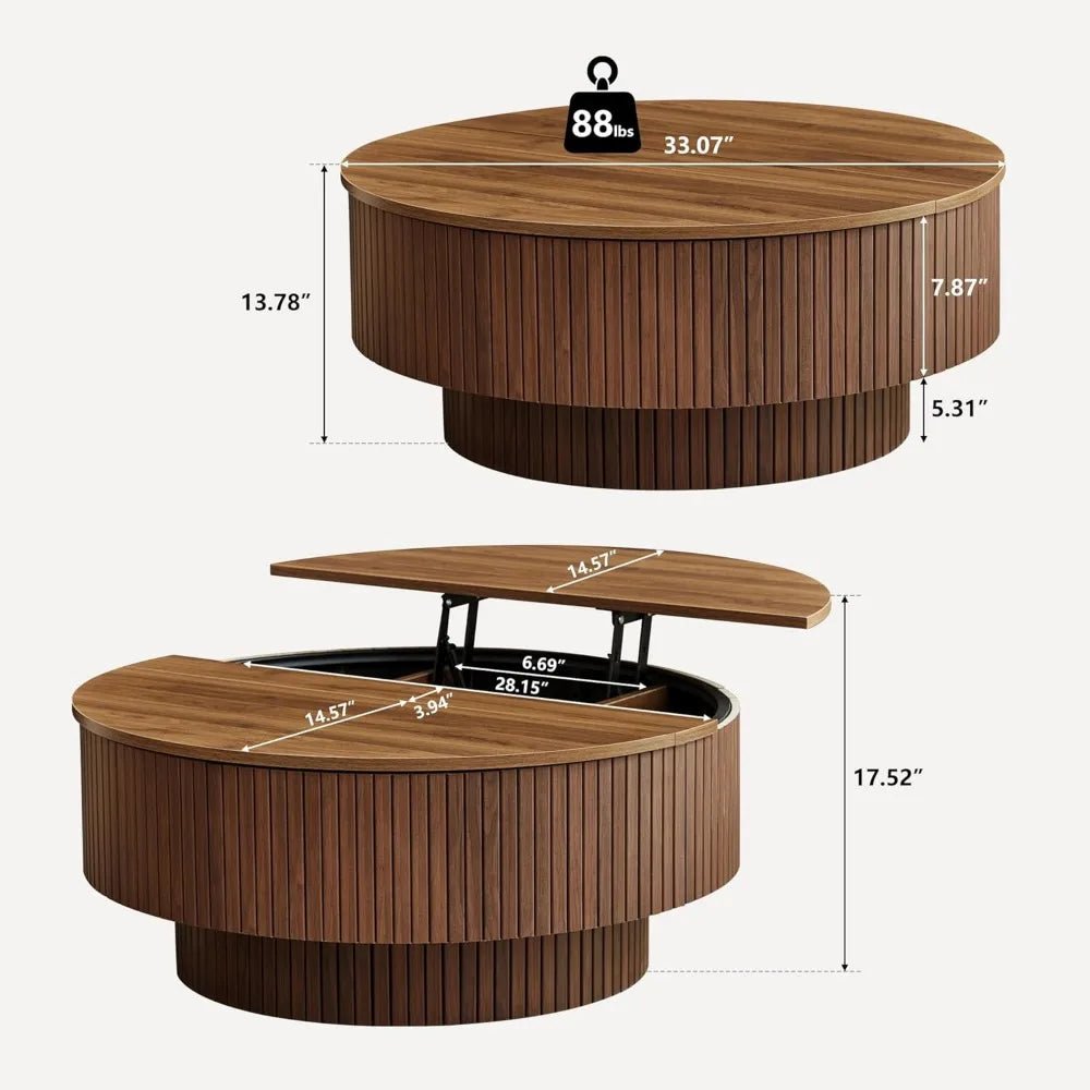 33" Round Coffee Table with Lift - Top & Flip - Top Storage, Modern Accent Fluted Coffee Tables with Metal Frame, Wooden Circle Cent - Blu Lotus Boutique