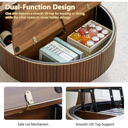 33" Round Coffee Table with Lift - Top & Flip - Top Storage, Modern Accent Fluted Coffee Tables with Metal Frame, Wooden Circle Cent - Blu Lotus Boutique