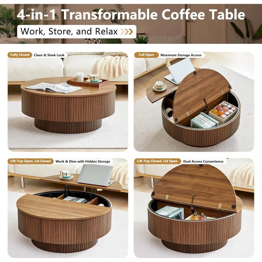 33" Round Coffee Table with Lift - Top & Flip - Top Storage, Modern Accent Fluted Coffee Tables with Metal Frame, Wooden Circle Cent - Blu Lotus Boutique