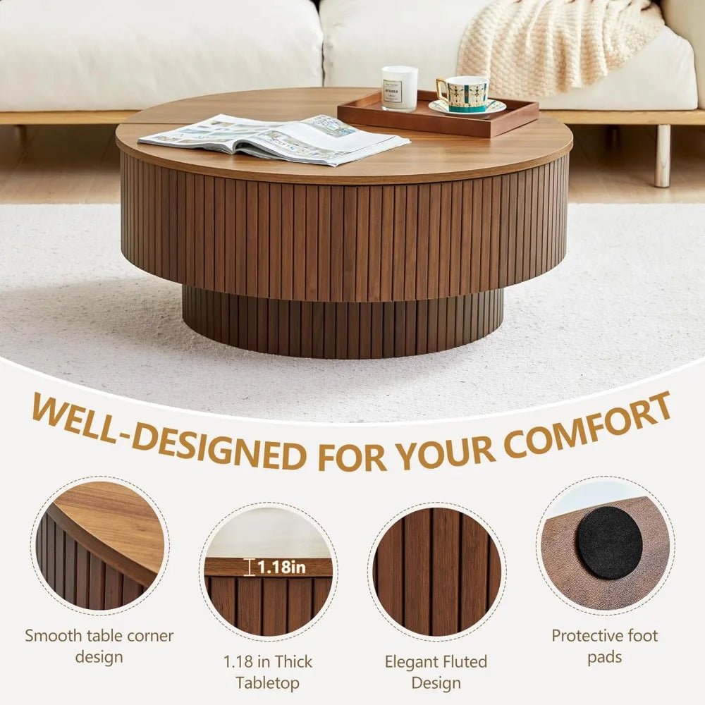 33" Round Coffee Table with Lift - Top & Flip - Top Storage, Modern Accent Fluted Coffee Tables with Metal Frame, Wooden Circle Cent - Blu Lotus Boutique