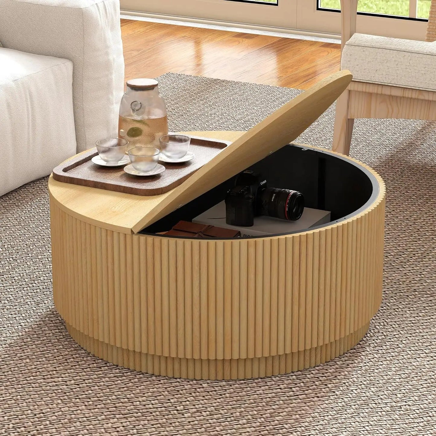 33" Round Coffee Table with Lift - Top & Flip - Top Storage, Modern Accent Fluted Coffee Tables with Metal Frame, Wooden Circle Cent - Blu Lotus Boutique