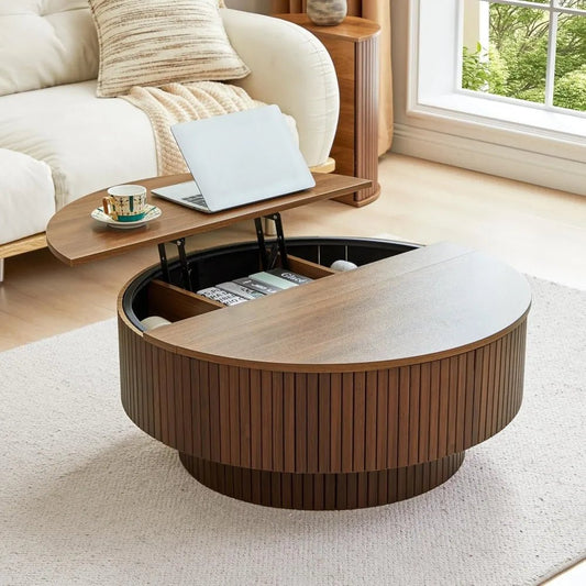 33" Round Coffee Table with Lift - Top & Flip - Top Storage, Modern Accent Fluted Coffee Tables with Metal Frame, Wooden Circle Cent - Blu Lotus Boutique