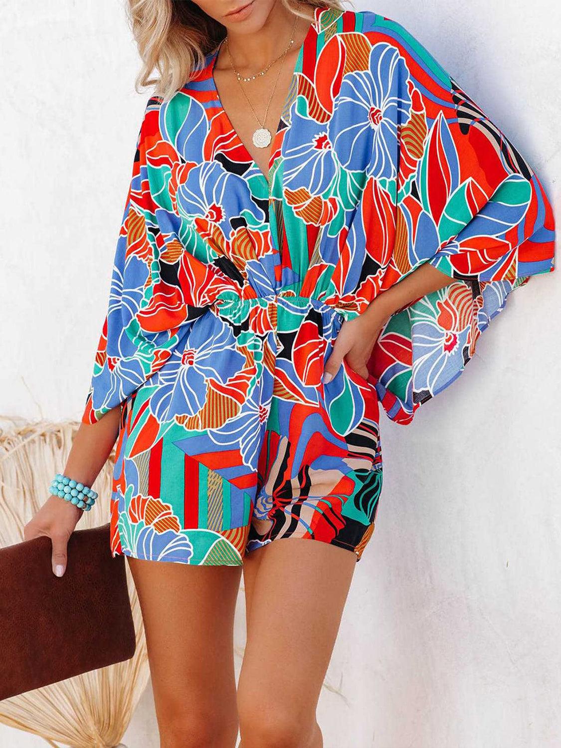 Tied Printed Kimono Sleeve Romper - Blu Lotus Boutique