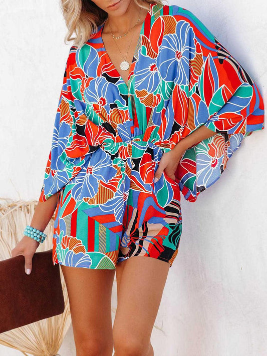 Tied Printed Kimono Sleeve Romper - Blu Lotus Boutique