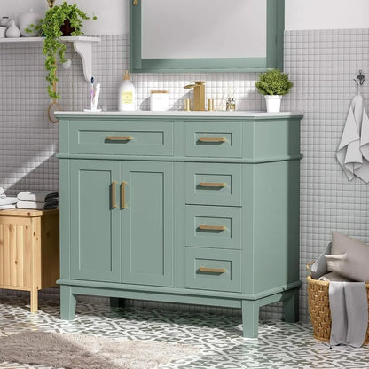 36 inch Bathroom Vanity with Sink, Modern Wood Bathroom Cabinet in Green, Bathroom Vanity Set with Tip - Out Drawer, 4 Drawers - Blu Lotus Boutique