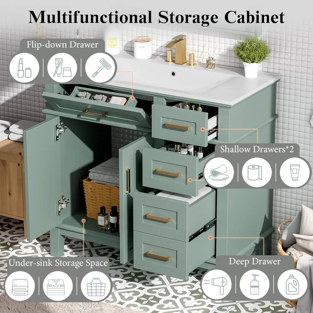 36 inch Bathroom Vanity with Sink, Modern Wood Bathroom Cabinet in Green, Bathroom Vanity Set with Tip - Out Drawer, 4 Drawers - Blu Lotus Boutique