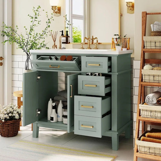 36 inch Bathroom Vanity with Sink, Modern Wood Bathroom Cabinet in Green, Bathroom Vanity Set with Tip - Out Drawer, 4 Drawers - Blu Lotus Boutique
