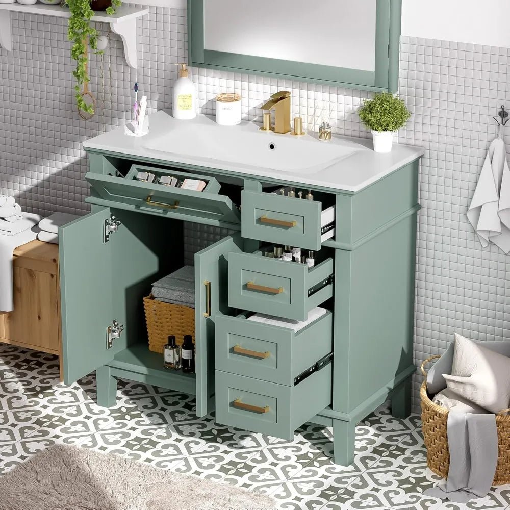 36 inch Bathroom Vanity with Sink, Modern Wood Bathroom Cabinet in Green, Bathroom Vanity Set with Tip - Out Drawer, 4 Drawers - Blu Lotus Boutique
