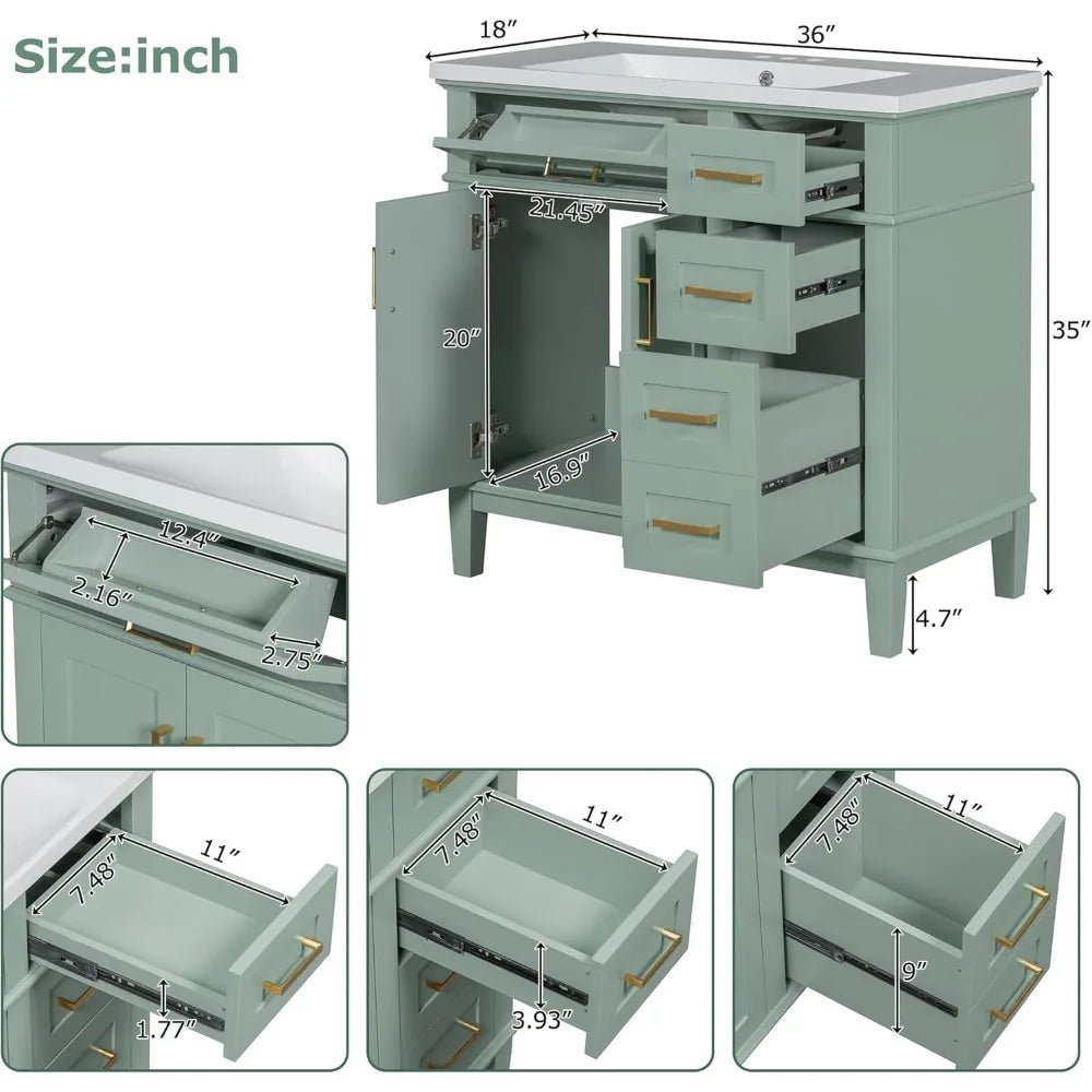 36 inch Bathroom Vanity with Sink, Modern Wood Bathroom Cabinet in Green, Bathroom Vanity Set with Tip - Out Drawer, 4 Drawers - Blu Lotus Boutique