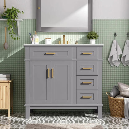 36 inch Bathroom Vanity with Sink, Modern Wood Bathroom Cabinet in Green, Bathroom Vanity Set with Tip - Out Drawer, 4 Drawers - Blu Lotus Boutique