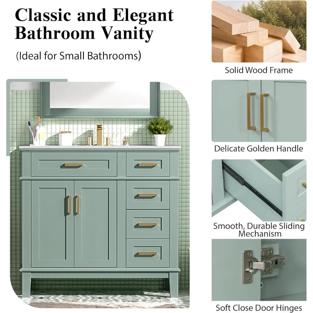 36 inch Bathroom Vanity with Sink, Modern Wood Bathroom Cabinet in Green, Bathroom Vanity Set with Tip - Out Drawer, 4 Drawers - Blu Lotus Boutique