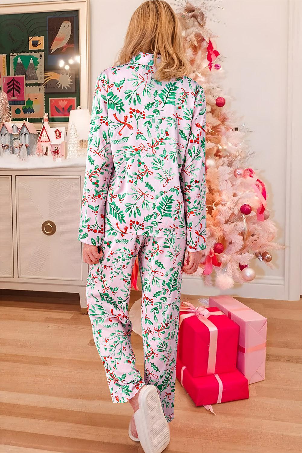 Pink Christmas Berries Plant Print Satin Long Sleeve Pajama Set - Blu Lotus Boutique