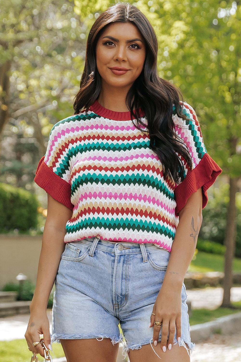 Fiery Red Trimmed Ruffle Sleeve Colorful Textured Sweater - Blu Lotus Boutique