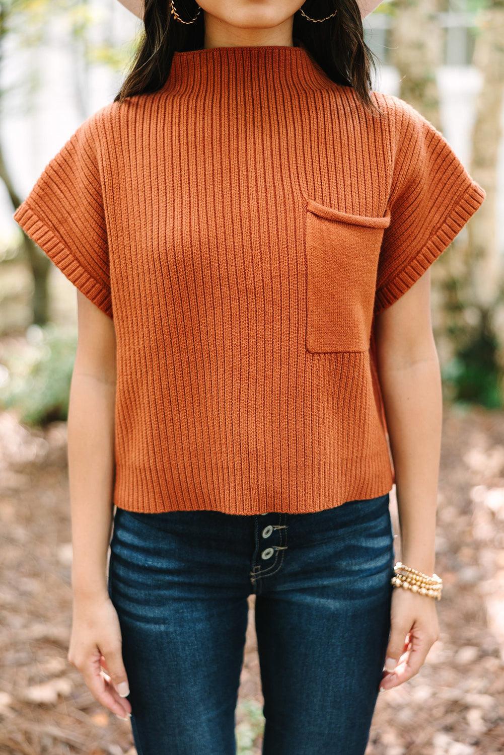 Oatmeal Patch Pocket Ribbed Knit Short Sleeve Sweater - Blu Lotus Boutique