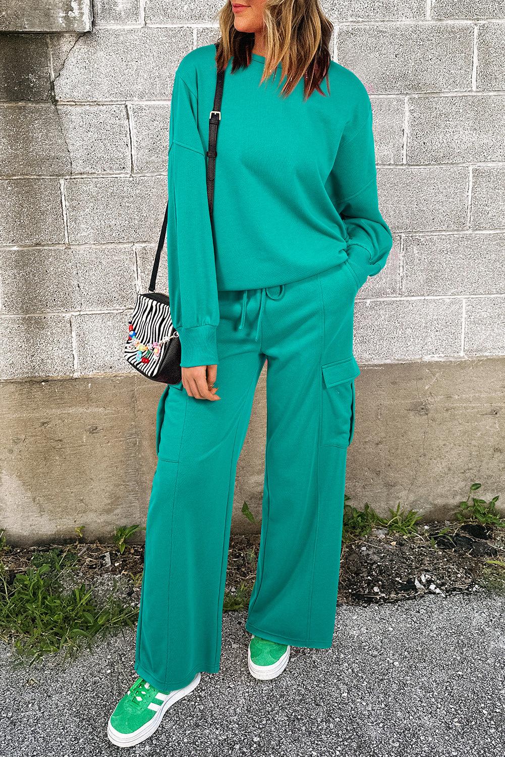 Solid Color Pullover Top and Cargo Pants Set - Blu Lotus Boutique