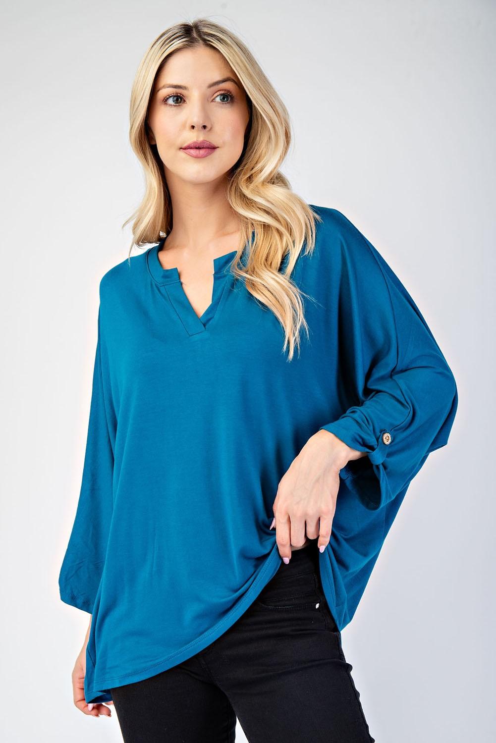 Celeste Full Size Notched Three-Quarter Sleeve Blouse - Blu Lotus Boutique