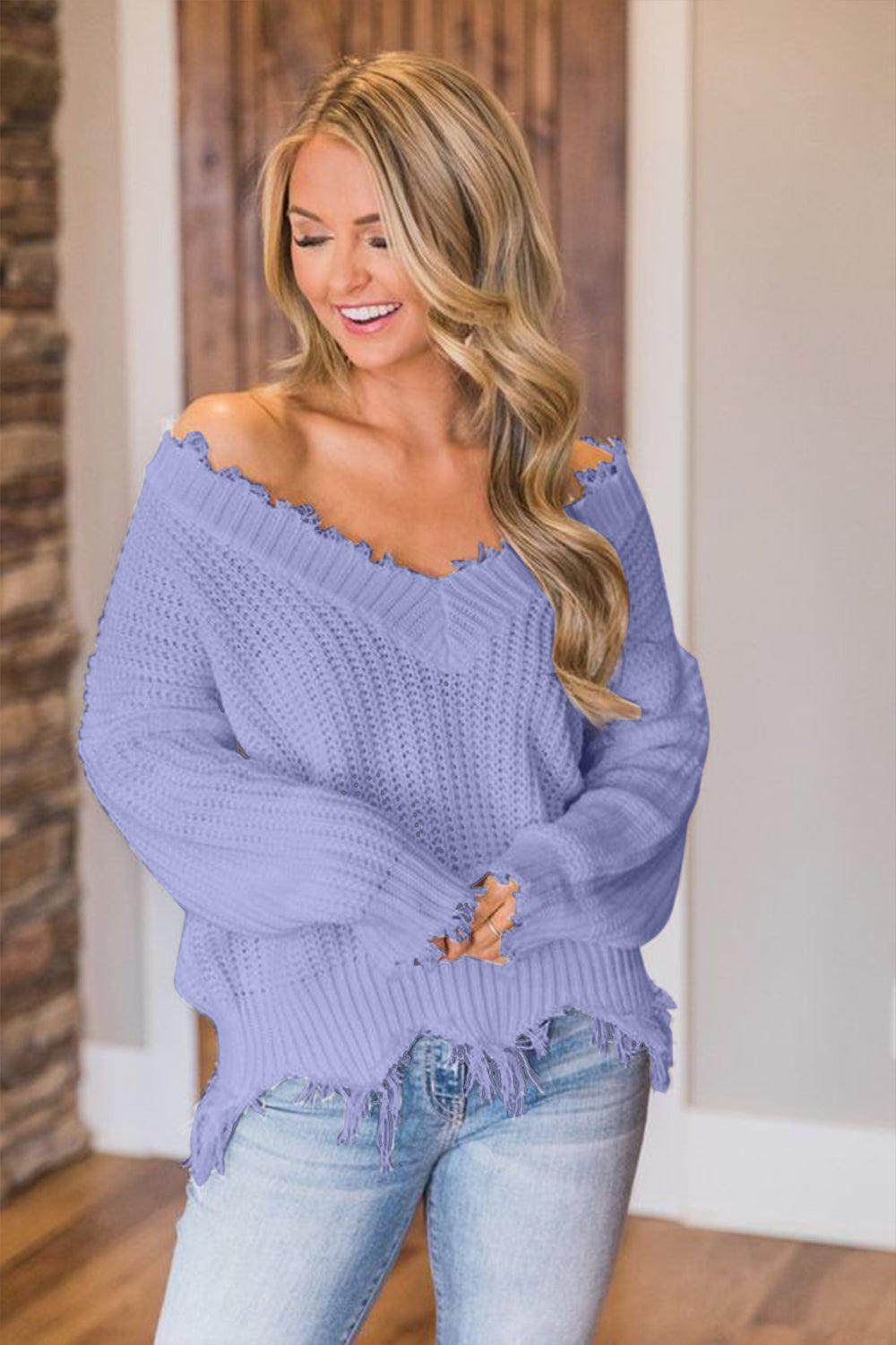 Frayed Hem Dropped Shoulder Sweater - Blu Lotus Boutique