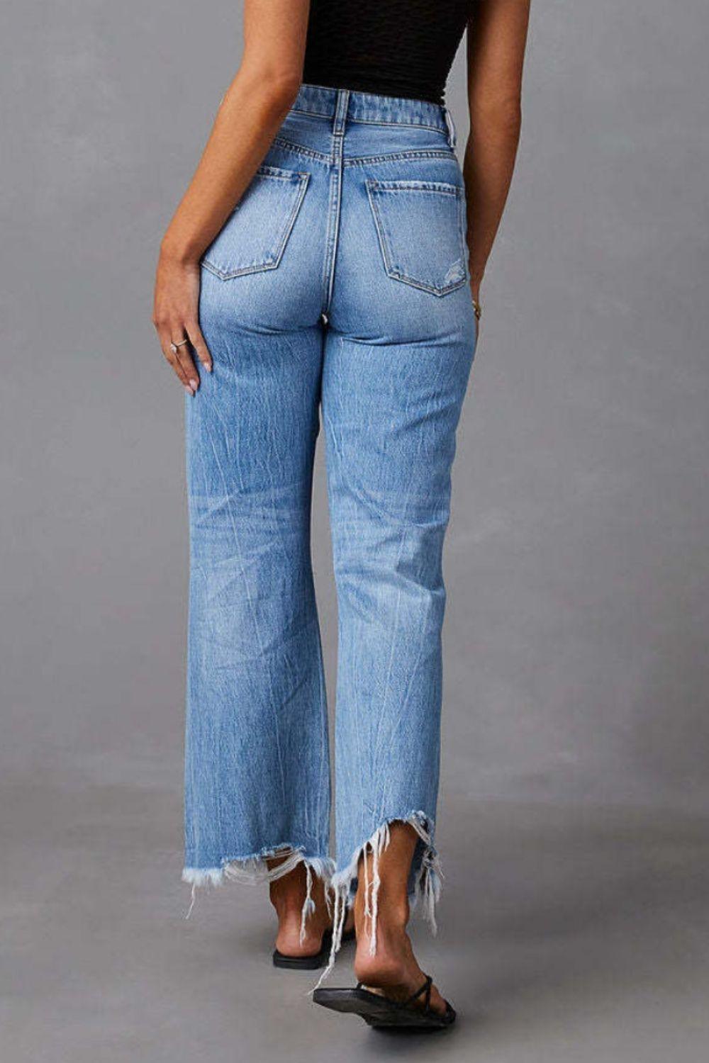 Distressed Raw Hem Jeans with Pockets - Blu Lotus Boutique