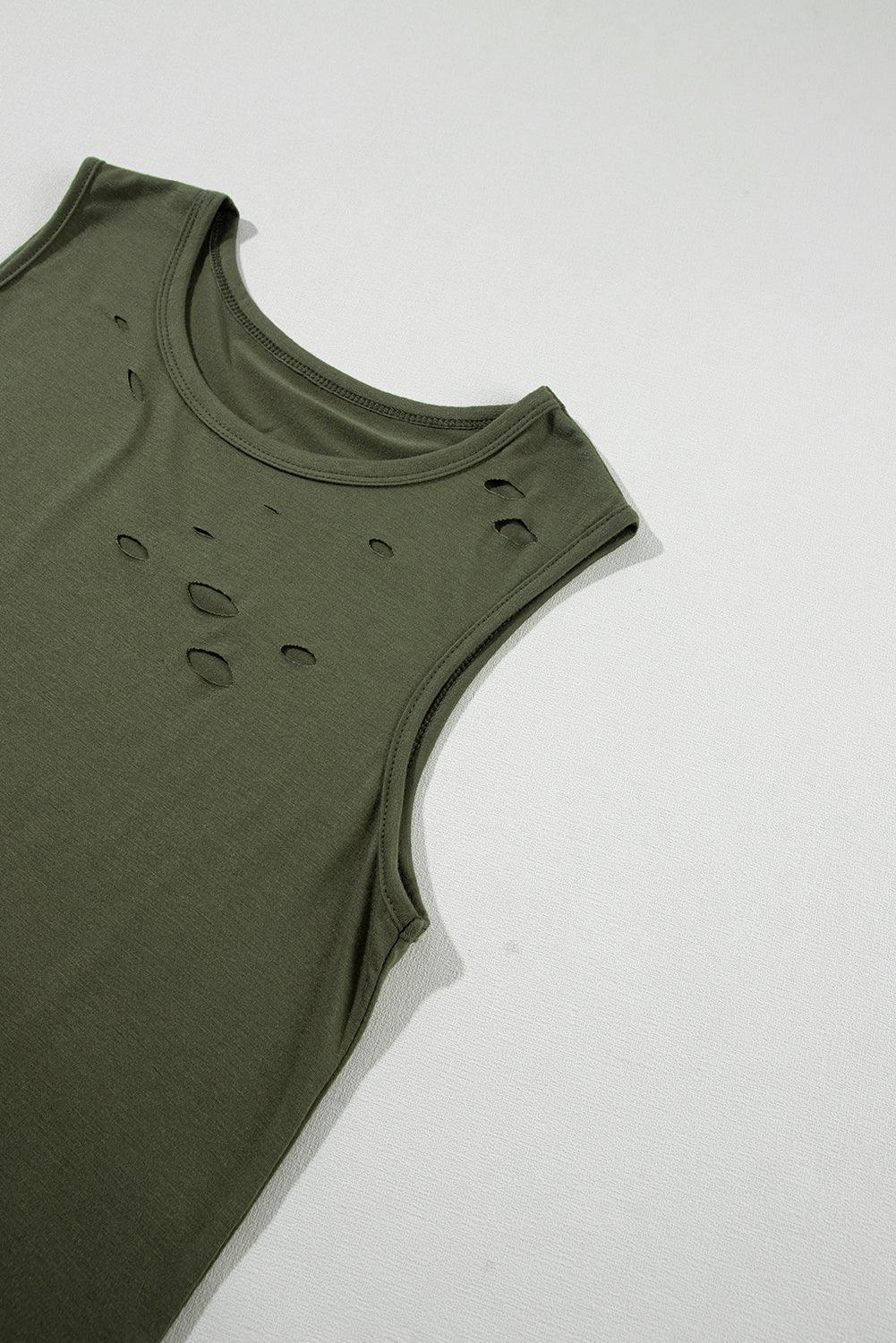 Jungle Green Solid Color Distressed Holes Crew Neck Tank Top - Blu Lotus Boutique