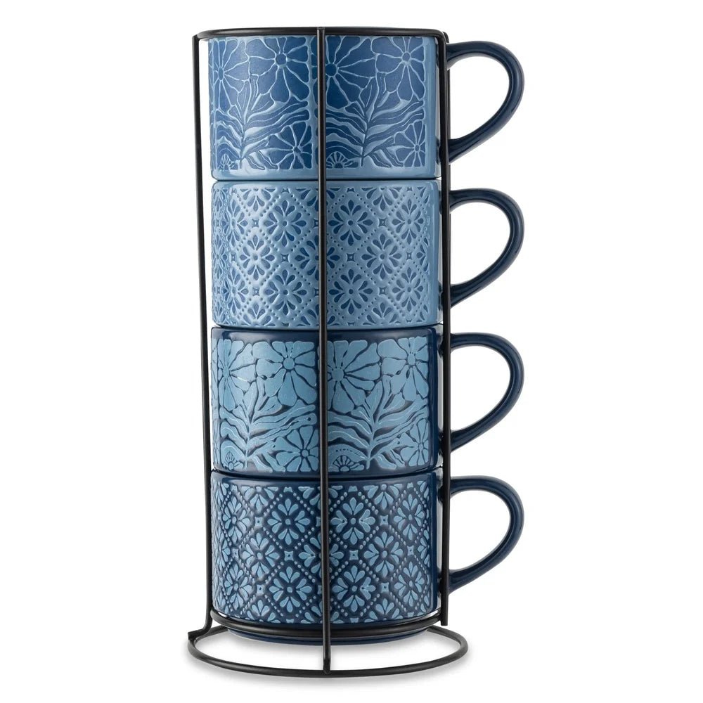 4 Pack Stackable Mugs Floral Geometric Patterns Stoneware Dishwasher Microwave Safe Coffee Tea Drinkware Space Saving Kitchen - Blu Lotus Boutique