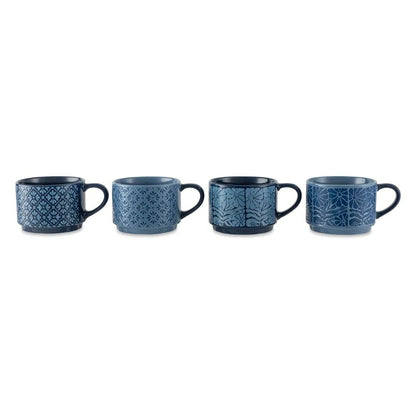 4 Pack Stackable Mugs Floral Geometric Patterns Stoneware Dishwasher Microwave Safe Coffee Tea Drinkware Space Saving Kitchen - Blu Lotus Boutique