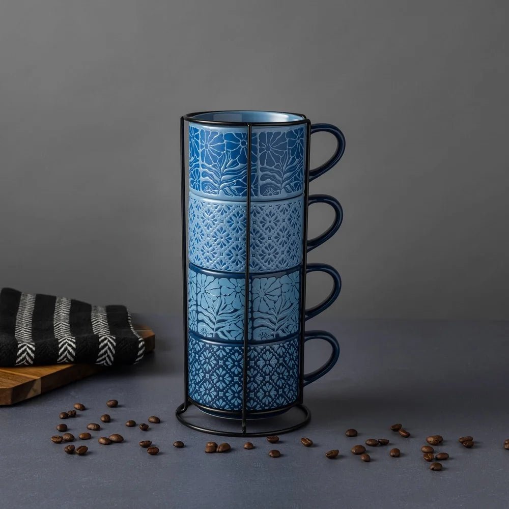 4 Pack Stackable Mugs Floral Geometric Patterns Stoneware Dishwasher Microwave Safe Coffee Tea Drinkware Space Saving Kitchen - Blu Lotus Boutique