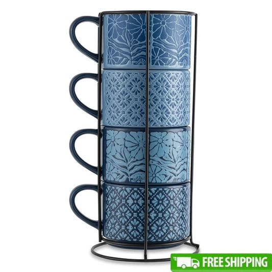 4 Pack Stackable Mugs Floral Geometric Patterns Stoneware Dishwasher Microwave Safe Coffee Tea Drinkware Space Saving Kitchen - Blu Lotus Boutique