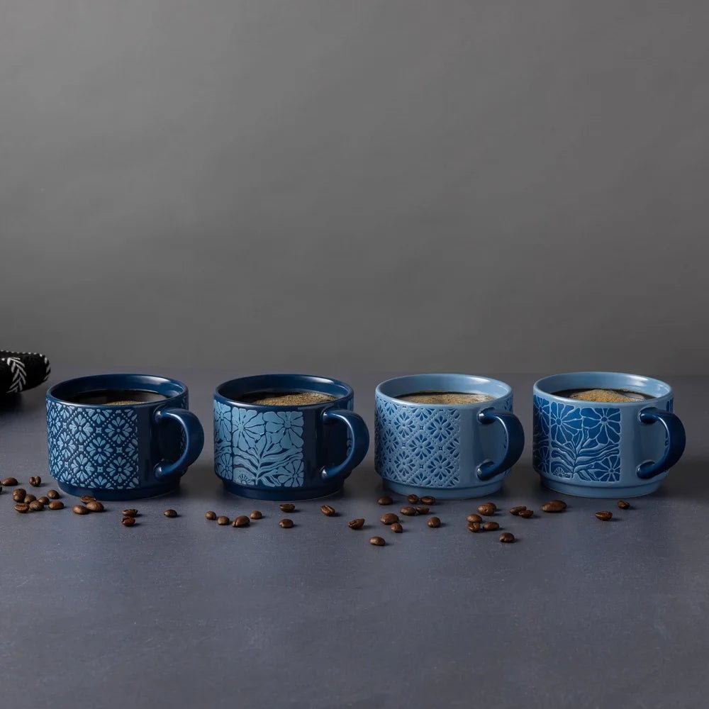 4 Pack Stackable Mugs Floral Geometric Patterns Stoneware Dishwasher Microwave Safe Coffee Tea Drinkware Space Saving Kitchen - Blu Lotus Boutique