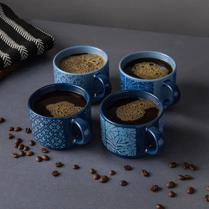 4 Pack Stackable Mugs Floral Geometric Patterns Stoneware Dishwasher Microwave Safe Coffee Tea Drinkware Space Saving Kitchen - Blu Lotus Boutique
