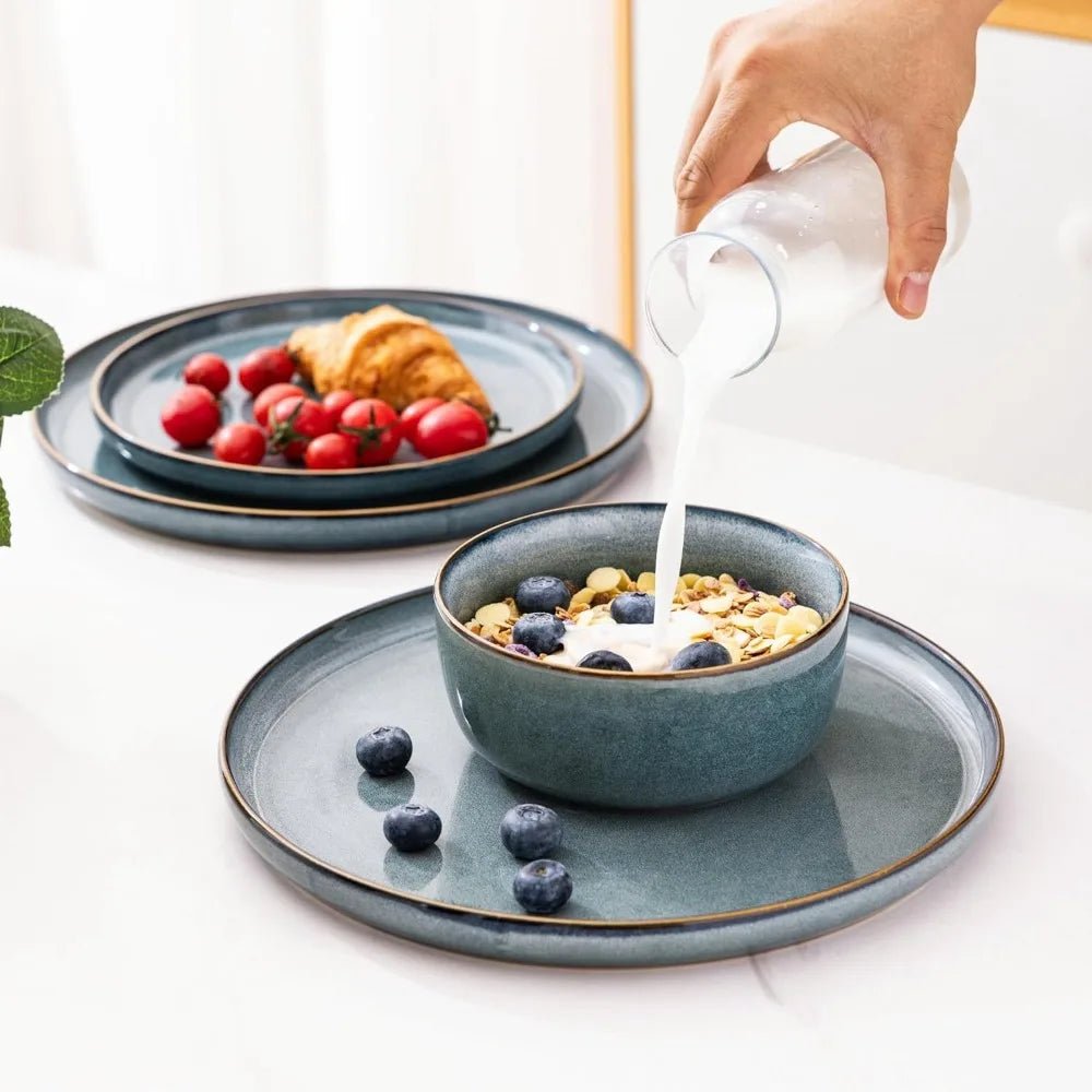 4 - Person Ceramic Dinnerware Set, 12 - Piece Stoneware Plate and Bowl Set with Reactive Glaze, Scratch - Resistant, Dishwasher - Safe - Blu Lotus Boutique