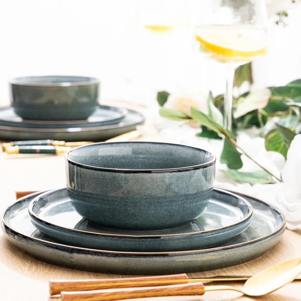 4 - Person Ceramic Dinnerware Set, 12 - Piece Stoneware Plate and Bowl Set with Reactive Glaze, Scratch - Resistant, Dishwasher - Safe - Blu Lotus Boutique