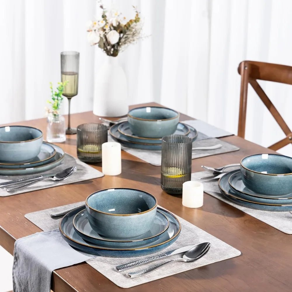 4 - Person Ceramic Dinnerware Set, 12 - Piece Stoneware Plate and Bowl Set with Reactive Glaze, Scratch - Resistant, Dishwasher - Safe - Blu Lotus Boutique