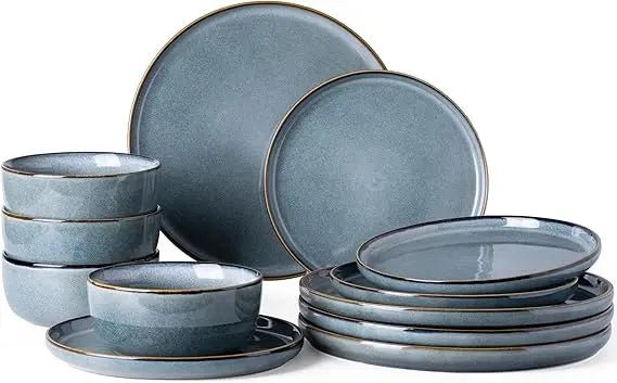 4 - Person Ceramic Dinnerware Set, 12 - Piece Stoneware Plate and Bowl Set with Reactive Glaze, Scratch - Resistant, Dishwasher - Safe - Blu Lotus Boutique