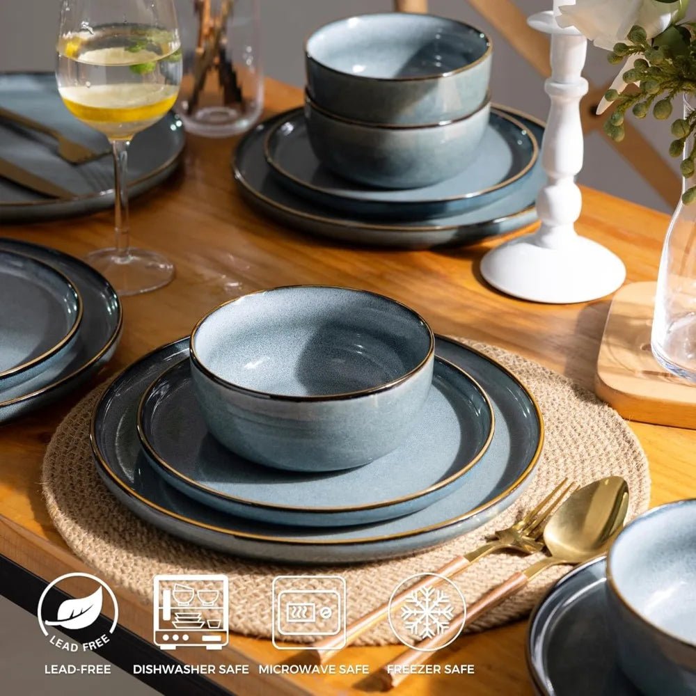 4 - Person Ceramic Dinnerware Set, 12 - Piece Stoneware Plate and Bowl Set with Reactive Glaze, Scratch - Resistant, Dishwasher - Safe - Blu Lotus Boutique