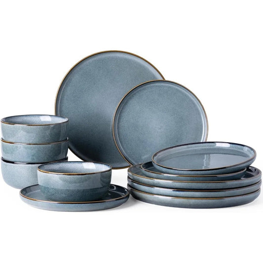 4 - Person Ceramic Dinnerware Set, 12 - Piece Stoneware Plate and Bowl Set with Reactive Glaze, Scratch - Resistant, Dishwasher - Safe - Blu Lotus Boutique