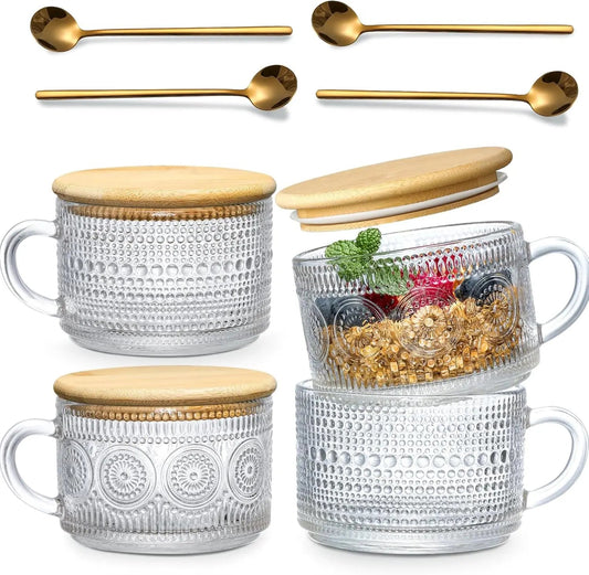 4 - piece set of 15.2oz/450ml glass cups and wooden lids, vintage glass coffee cups are perfect for cappuccinos, latte, cereal - Blu Lotus Boutique