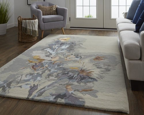 4' X 6' Blue and Gray Wool Floral Hand Tufted Area Rug - Blu Lotus Boutique