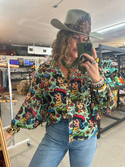 Texas Hold 'Em Retro Comic Cowgirl Button Up Mesh Blouse