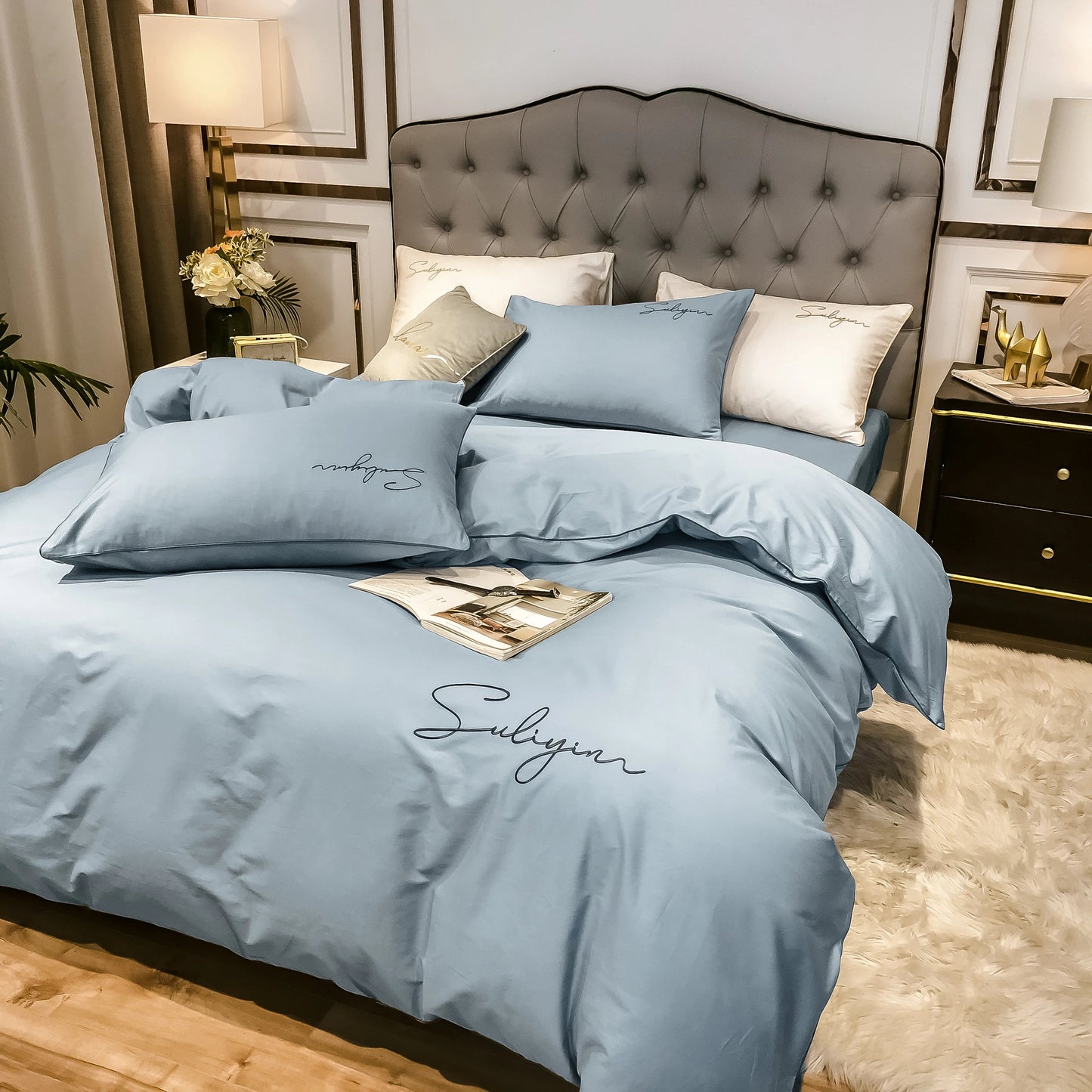 400TC Egyptian Cotton Bedding Set Luxury Full Queen King Size Duvet Cover Bed Sheet Set Pillowcase Bed Linen Nordic Simple Style - Blu Lotus Boutique