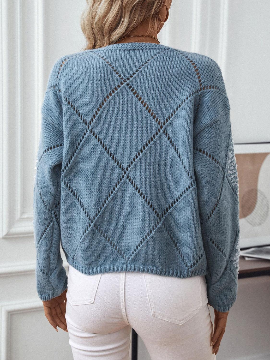 Openwork Round Neck Long Sleeve Knit Top - Blu Lotus Boutique