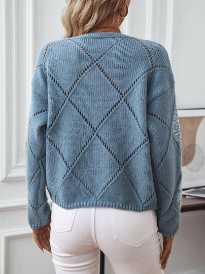 Openwork Round Neck Long Sleeve Knit Top - Blu Lotus Boutique