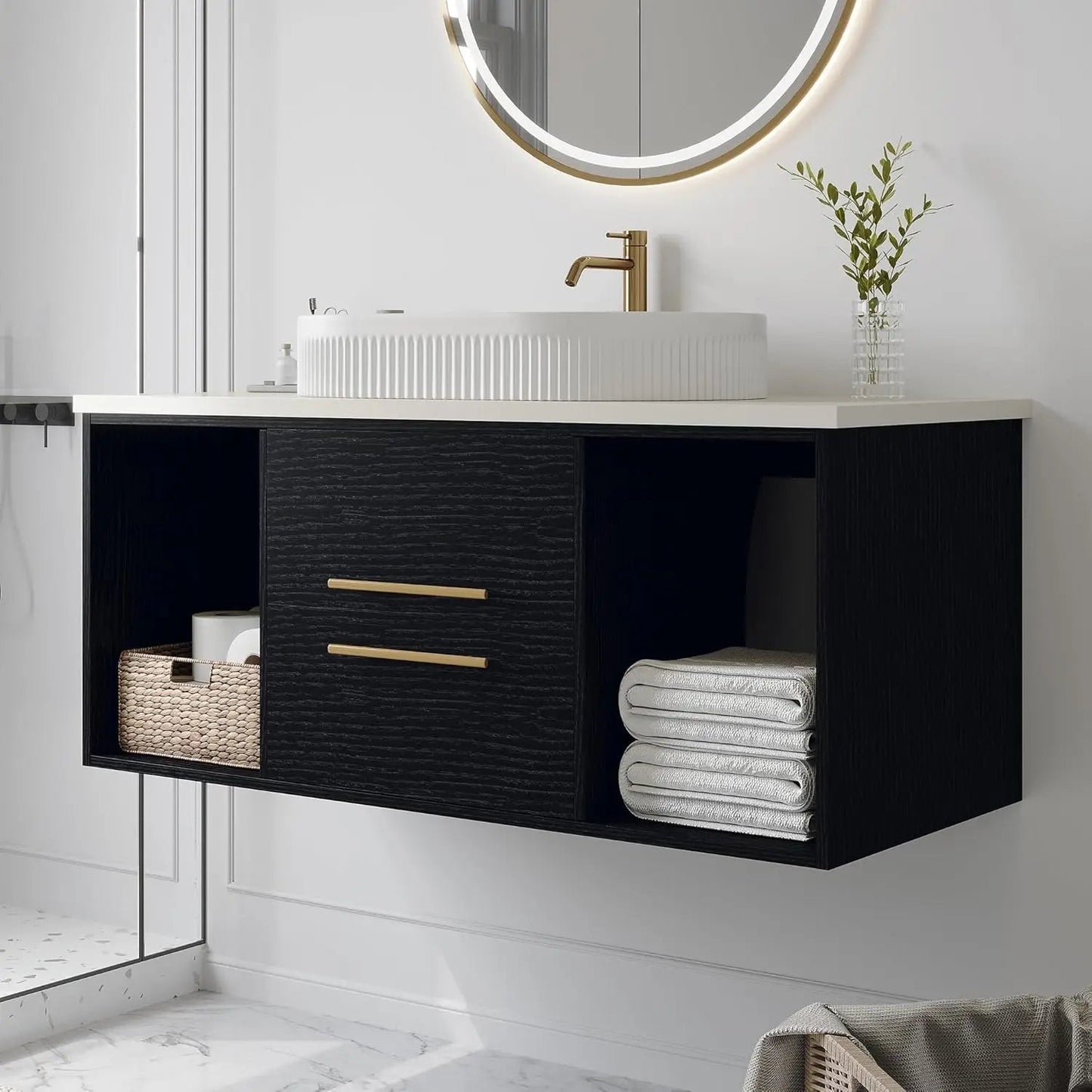 40"Bathroom Vanity with Ceramic Sink Modern Floating Bathroom Vanity with VesselTop Sink Cabinet with 2 Open Cubes and 2 Drawers - Blu Lotus Boutique