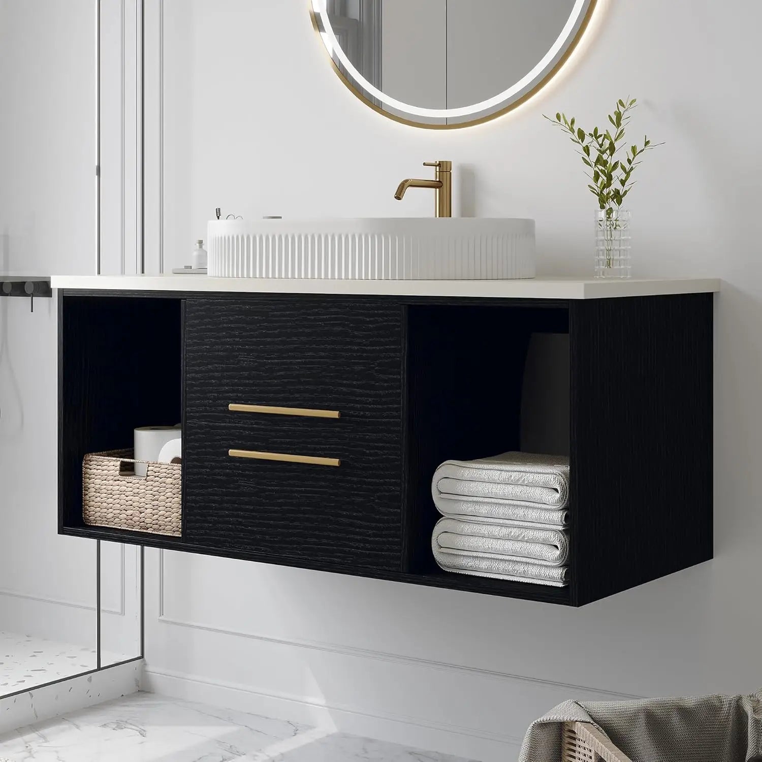 40"Bathroom Vanity with Ceramic Sink Modern Floating Bathroom Vanity with VesselTop Sink Cabinet with 2 Open Cubes and 2 Drawers - Blu Lotus Boutique