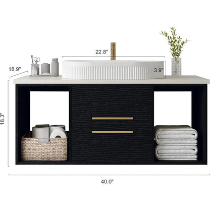 40"Bathroom Vanity with Ceramic Sink Modern Floating Bathroom Vanity with VesselTop Sink Cabinet with 2 Open Cubes and 2 Drawers - Blu Lotus Boutique