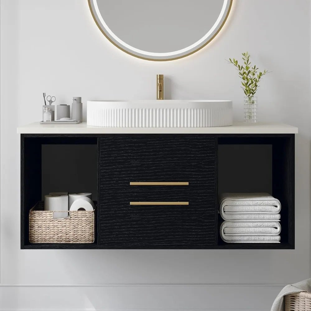40"Bathroom Vanity with Ceramic Sink Modern Floating Bathroom Vanity with VesselTop Sink Cabinet with 2 Open Cubes and 2 Drawers - Blu Lotus Boutique