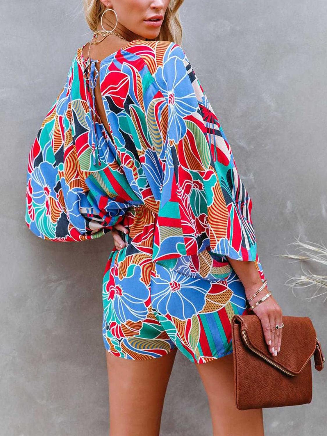 Tied Printed Kimono Sleeve Romper - Blu Lotus Boutique